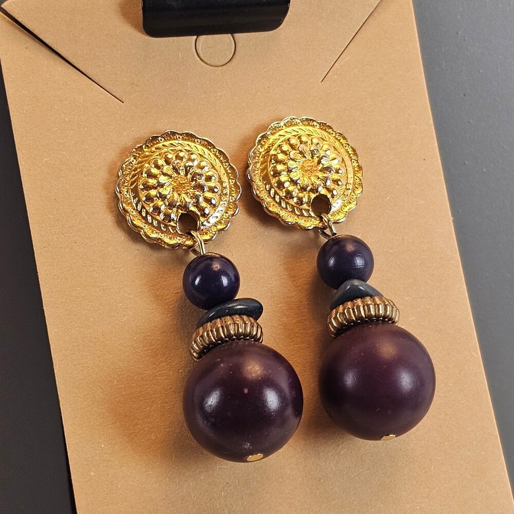 Vintage Style Gold Tone Purple Brown Beaded Dangle Drop Earrings Boho 2" - Picture 11 of 13